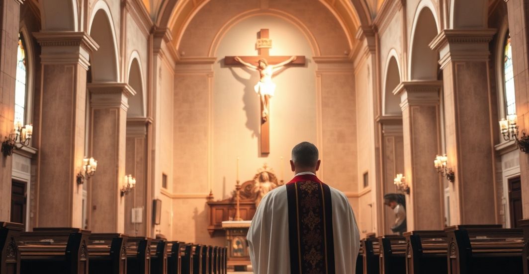 Religijna scena modlitewna w katolickim sanktuarium z kapłanem Sanktuarium katolickie z kapłanem modlącym się przed Krzyżem, symbol wiary i pokory wobec Chrystusa Króla
