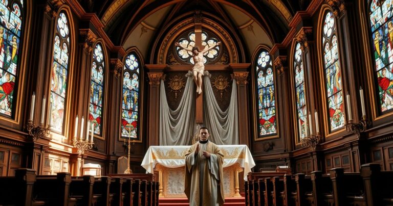 Rekolekcja w katedrze z krzyżem i ołtarzem, kapłan modlący się w tradycyjnym stroju, powaga i refleksja religijna