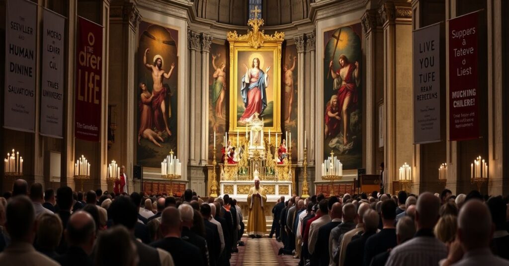 Katedra w Monte Carlo z biskupem trzymającym Najświętszy Sakrament przed tłumem modlących się wierzących. Na tle widać kontrast między katolickim nabożeństwem a nowoczesnymi hasłami o godności człowieka bez odwołania do zbawienia.