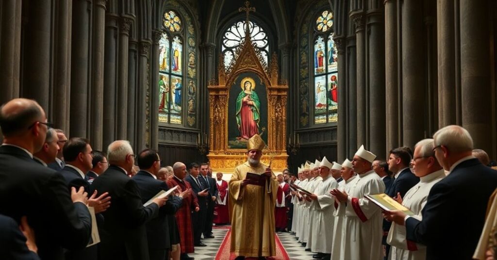 Tradycyjny katolicki scenariusz w Katedrze Notre-Dame z procesją z ikoną Matki Boskiej Częstochowskiej, abp. Tadeuszem Wojdą wygłaszającym homilię pełną teologicznych nieścisłości i politykami uczestniczącymi w liturgii w stylu modernistycznym. Zdjęcie ukazuje duchową dekadencję Kościoła po soborowym, podkreślając brak chrystocentryzmu i polityzację przestrzeni sakralnych.