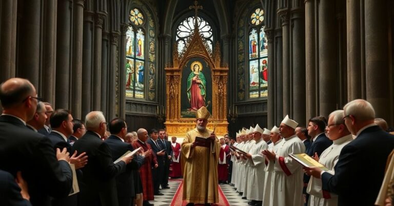 Tradycyjny katolicki scenariusz w Katedrze Notre-Dame z procesją z ikoną Matki Boskiej Częstochowskiej, abp. Tadeuszem Wojdą wygłaszającym homilię pełną teologicznych nieścisłości i politykami uczestniczącymi w liturgii w stylu modernistycznym. Zdjęcie ukazuje duchową dekadencję Kościoła po soborowym, podkreślając brak chrystocentryzmu i polityzację przestrzeni sakralnych.