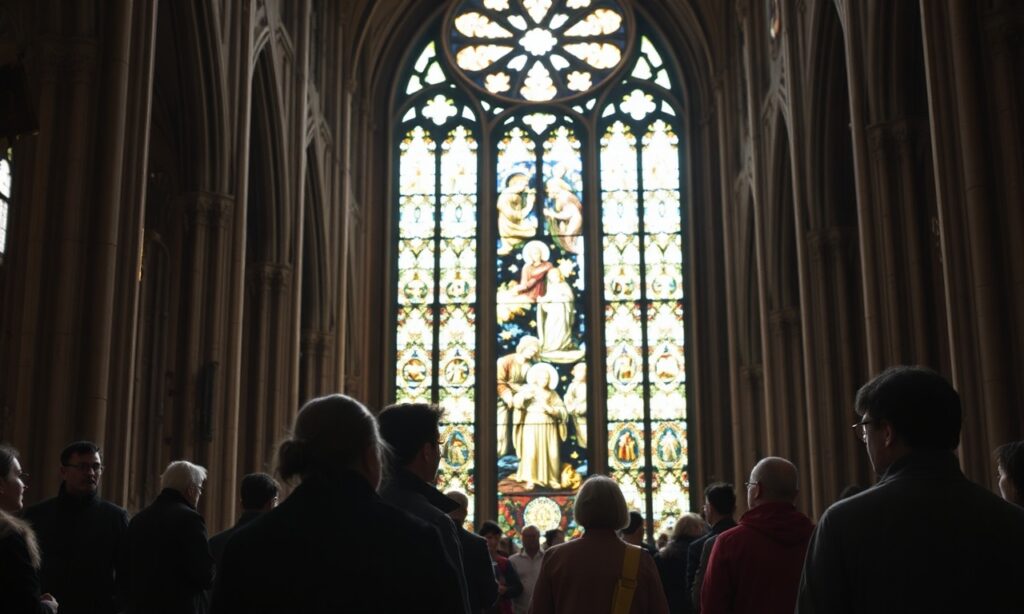 Wnętrze katedry Notre-Dame w Paryżu z historycznymi witrażami Viollet-le-Duc i grupą katolików modlących się w obronie dziedzictwa chrześcijańskiego.