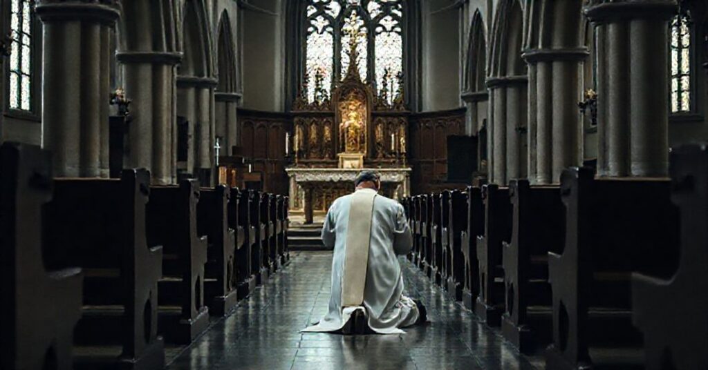 Ciemna i ponura scena w katedrze w Plymouth przedstawiająca modernistycznego księdza klęczącego przed tabernakulum. Pusty kościół symbolizuje duchową pustkę Kościoła po Soborze Watykańskim II.