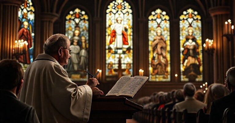 Tradycyjna katolicka katedra z kaznodzieją sedevacantystą wygłaszającym kasję z encykliką Piusa X, św. Józef Sebastian i bł. Jakub Strzemiński na witrażach.