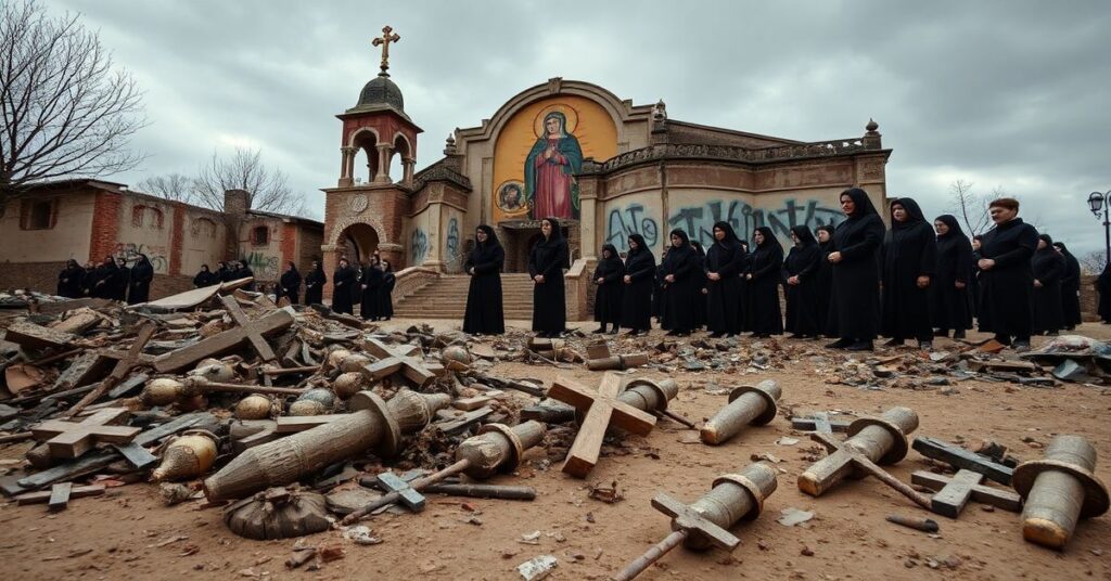 Ruiny katedry Matki Bożej w Stepanakercie po zniszczeniu przez wojska azerskie. Płaczące Ormianie modlą się wśród gruzów.