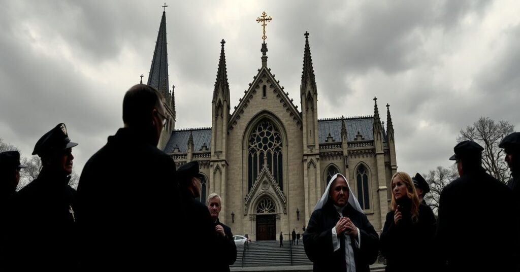 Zdjęcie katedry św. Mateusza Apostoła w Waszyngtonie podczas planowanego zamachu bombowego przez Louisa Geriego. Grupa katolików modli się w tle pod ciężkim niebem.