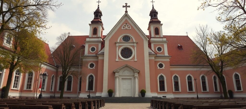Stara katedra katolicka z trójką religijnym: rabinem, kapłanem i imamem na tle gotyckich witraży.