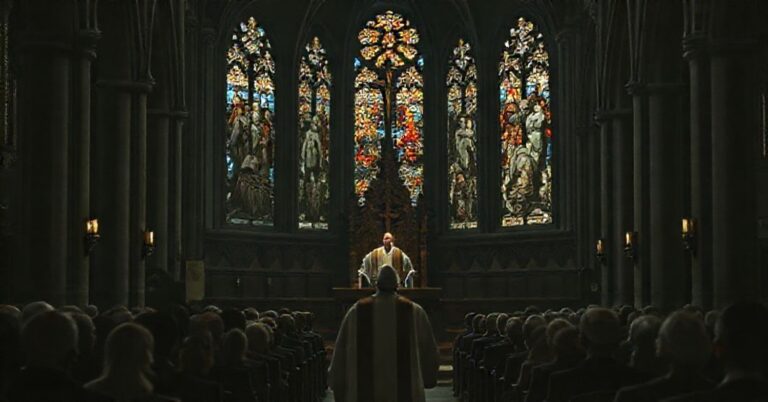 Wnętrze katedry z księdzem głoszącym kazanie na temat biometrycznego zniewolenia i technokratycznej apokalipsy