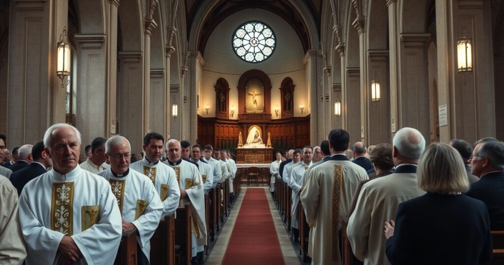 Obraz realistyczny i pełen szacunku przedstawiający katolicką liturgię w tradycyjnej świątyni, z duchownymi w stroju liturgicznym, refleksja nad krytyką współczesnych odchyleń od nauki Kościoła.