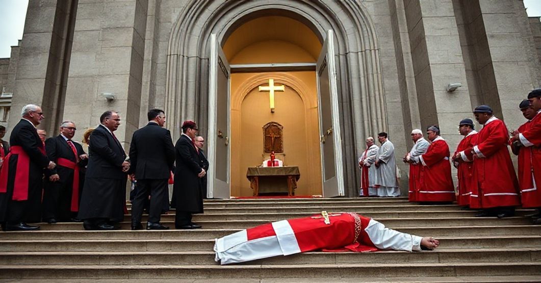Katedra św. Mateusza w Waszyngtonie - pustka liturgiczna i apostazja Widok zewnętrzny katedry św. Mateusza w Waszyngtonie podczas mszy czerwonej; protestujący z koktajlem Mołotowa na schodach; klimat duchowej pustki