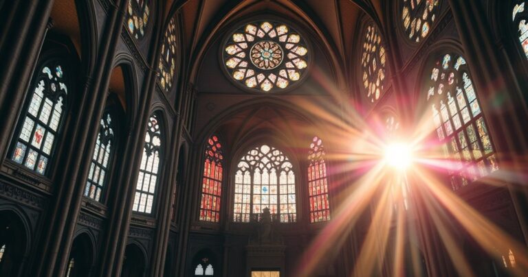 Wnętrze katedry na Wawelu w Krakowie z tradycyjną katolicką architekturą, oświetlone światłem przez witraże, ukazujące duchową atmosferę i historyczne dziedzictwo chrześcijaństwa.