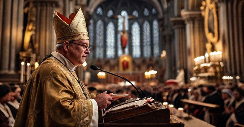 Wizerunek katedry wawelskiej podczas mszy wigilijnej z biskupem wypowiadającym się na temat pokoju w modernistycznym kontekście.
