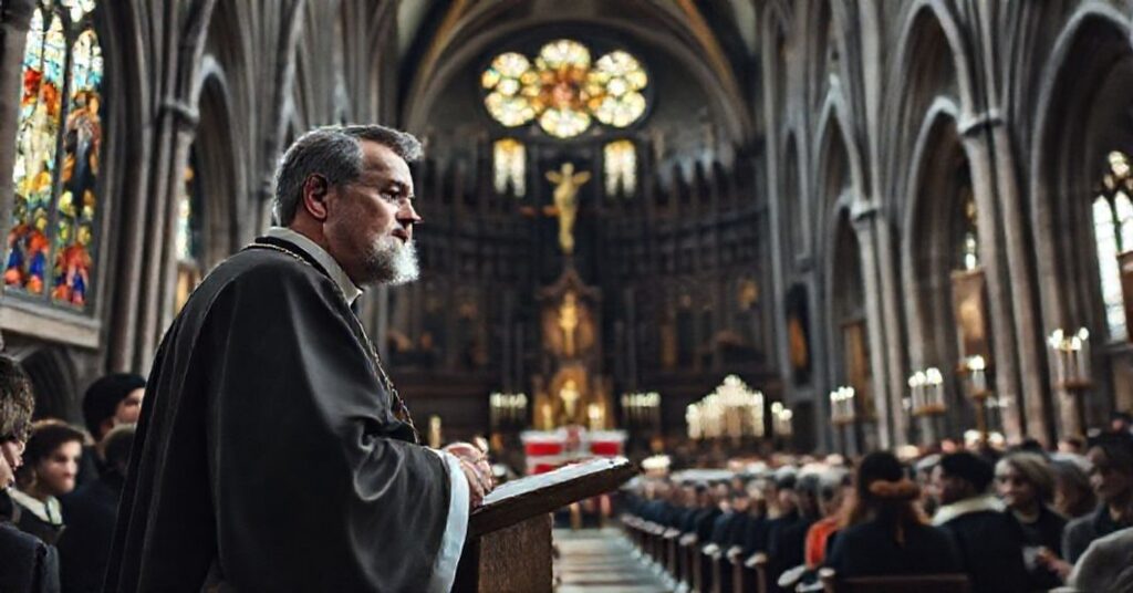 Wnętrze katedry wawelskiej podczas Mszy Świętej z "abp" Markiem Jędraszewskim na ambonie. Scena przedstawia tradycyjną polską architekturę kościelną z gotyckimi elementami i witrażami.