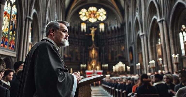 Wnętrze katedry wawelskiej podczas Mszy Świętej z "abp" Markiem Jędraszewskim na ambonie. Scena przedstawia tradycyjną polską architekturę kościelną z gotyckimi elementami i witrażami.