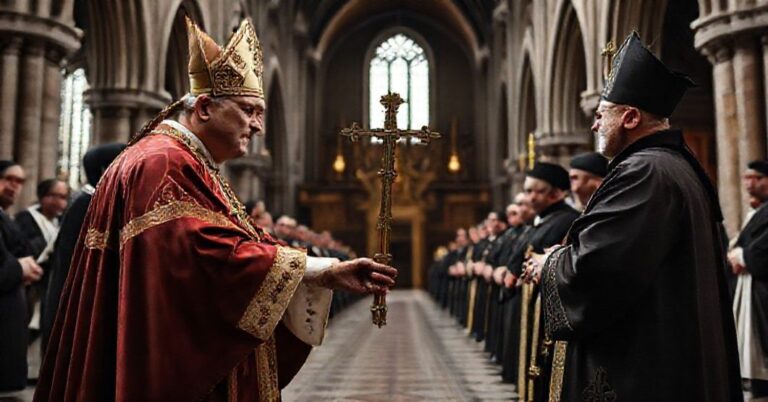 Scena z modernistycznego "ingresu" Grzegorza Rysia w Katedrze Wawelskiej - pusty rytuał bez sakramentalnej mocy.