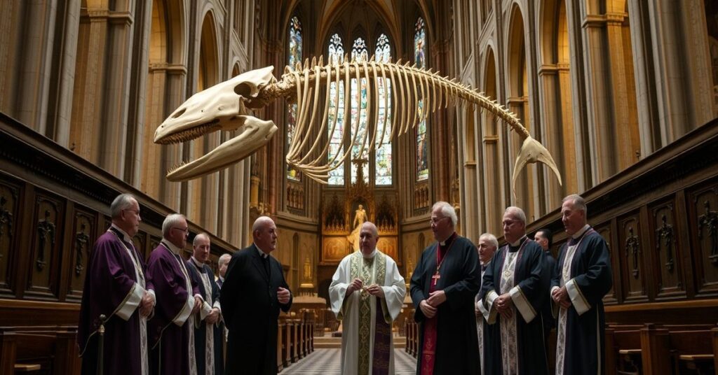 Wnętrze katedry z ogromnym szkieletem wieloryba wystawionym wewnątrz sanktuarium. W tle widoczni biskupi w nowoczesnych ornatach.