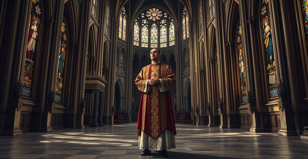 Realistyczny obraz katolickiego biskupa w katedrze, symbolizujący kryzys wiary i zdradę Królestwa Chrystusa