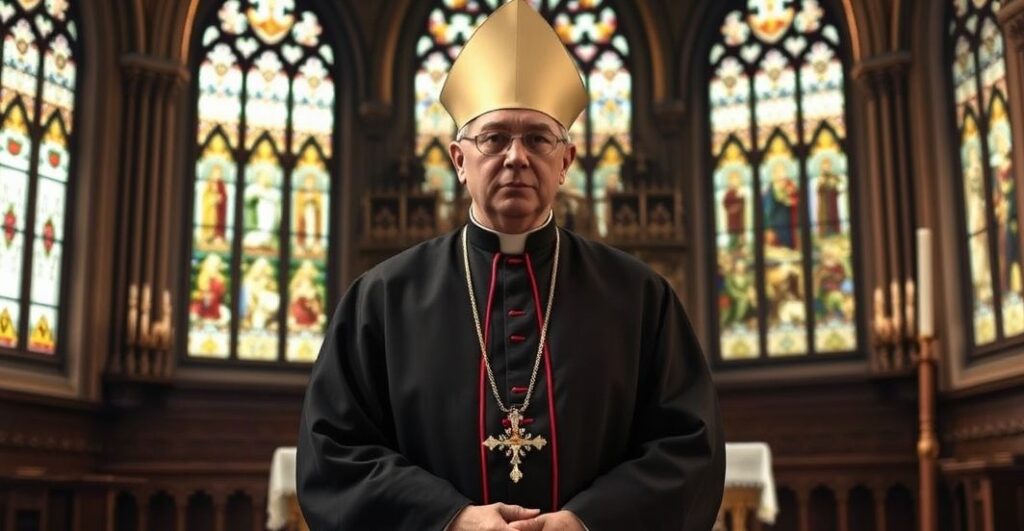 Obraz katolickiego biskupa w tradycyjnym stroju, stojącego w kościele, symbolizujący krytykę modernistycznej hierarchii i odrzucenie ekumenizmu