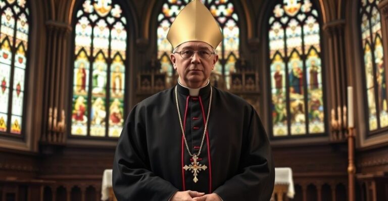 Obraz katolickiego biskupa w tradycyjnym stroju, stojącego w kościele, symbolizujący krytykę modernistycznej hierarchii i odrzucenie ekumenizmu