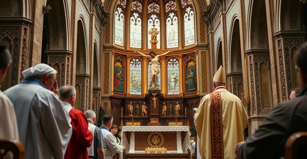 Realistyczne zdjęcie katolickiej liturgii w katedrze, z kapłanem głoszącym homilię przy ołtarzu, z krucyfiksem jako centralnym symbolem Chrystusowego królestwa, w pełni zgodne z katolicką tradycją.