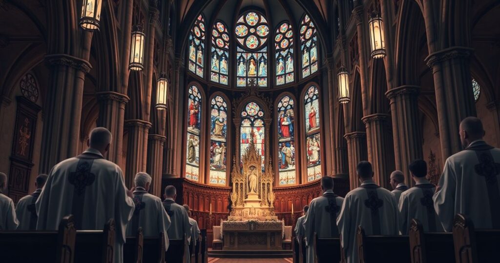 Obraz przedstawiający poważną scenę modlitewną w tradycyjnej katedrze katolickiej, symbolizujący powagę i kontrowersję wobec modernistycznych tendencji w Kościele.