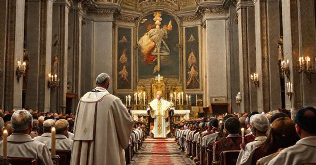 Serdeczny katoliccy zebranie w katedrze z sadewakanckim księdzem wygłaszającym kazanie o modernistycznych herezjach Leona XIV