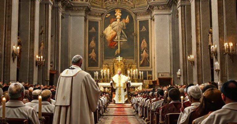 Serdeczny katoliccy zebranie w katedrze z sadewakanckim księdzem wygłaszającym kazanie o modernistycznych herezjach Leona XIV