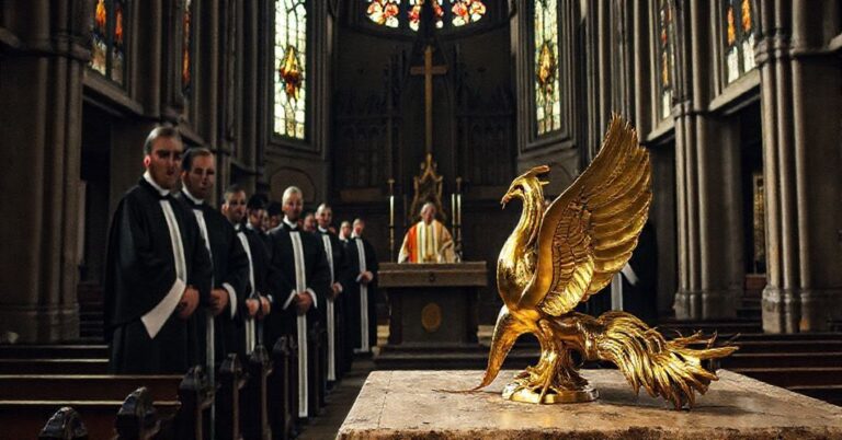 Wnętrze tradycyjnych kościoła z grupą modernistycznych duchownych przy ołtarzu z złotym trofeum Feniksa