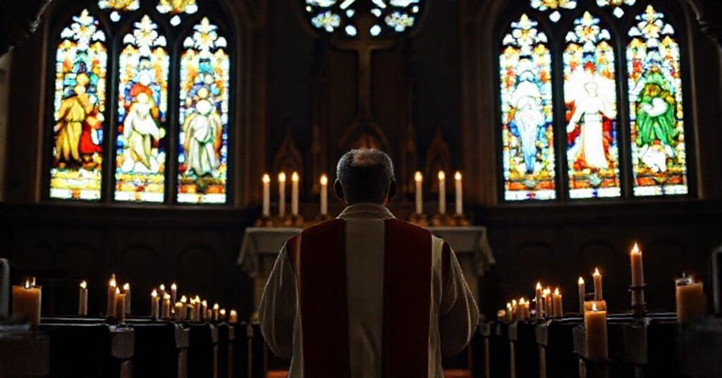Tradycyjny ksiądz katolicki modlący się za dusze zmarłych w kościele.
