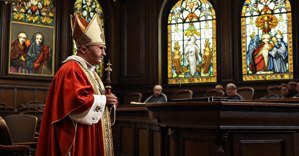 Biskup w pełnym stroju liturgicznym przemawia do sędziego Karola Nawrockiego i jego doradcy Zbigniewa Boguckiego w tradycyjnym sali sądowej z witrażami przedstawiającymi św. Chrystusa Króla.