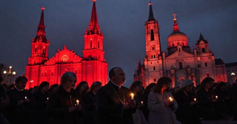 Scena z dwoma warszawskimi katedrami oświetlonymi na czerwono podczas kampanii "Dzieciństwo bez Przemocy", z tradycyjnymi katolikami modlącymi się na pierwszym planie.