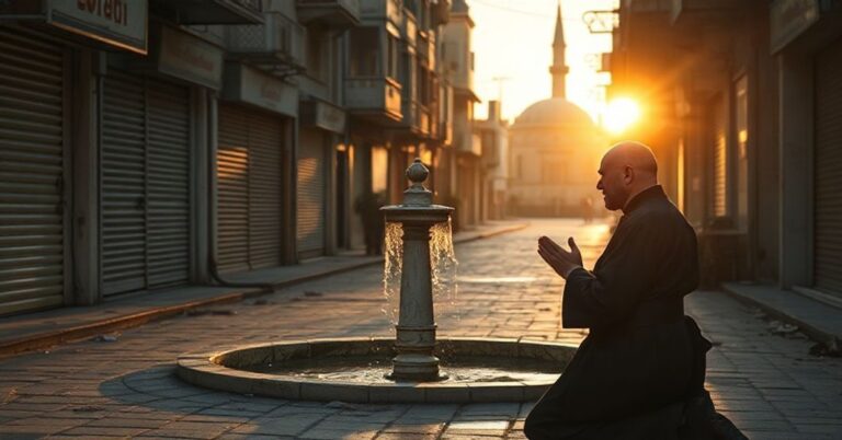 Kneeling Catholic priest in prayer before a dry fountain in a deserted Turkish street, symbolizing divine judgment.