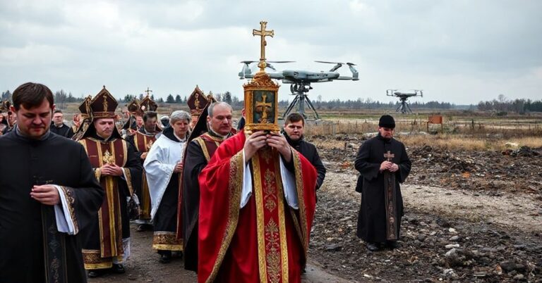 Pielgrzymka katolicka z monstrancją w tle systemów antydronowych MEROPS na wschodniej granicy Polski