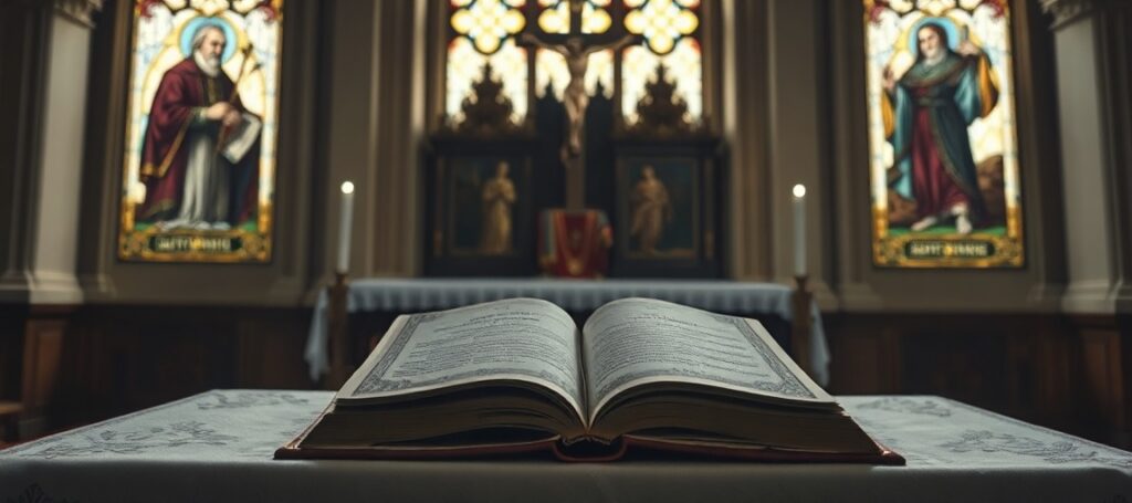 Tradycyjny ołtarz katolicki z zamkniętą książką 'Magnifica humanitas', pustym tabernakulum i krzyżem w tle.