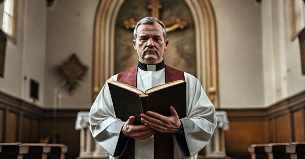 Prawdziwy katolicki ksiądz w tradycyjnym kościele z krzyżem i modlitewnikiem.