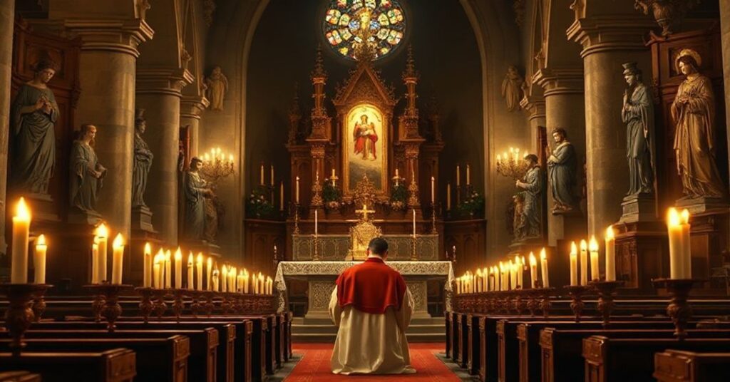 Tradycyjna katolicka scena przedstawiająca pobożnego księdza modlącego się przed tabernakulum w historycznym wnętrzu kościoła.