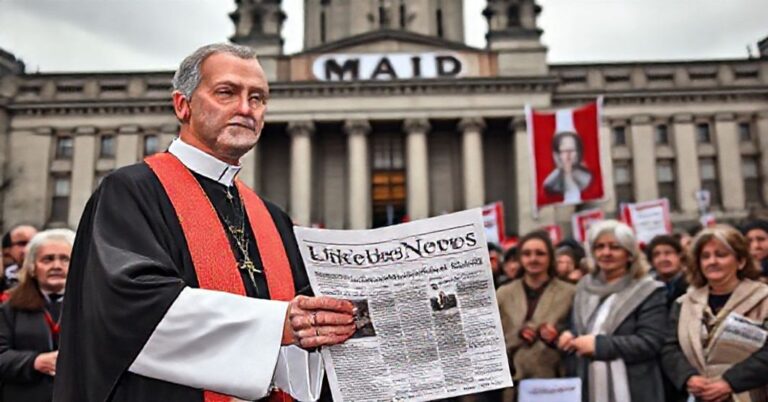 Ksiądz w tradycyjnym stroju kościelnym przed tłumem obywateli z gazetą LifeSiteNews o finansowaniu eutanazji w Kanadzie