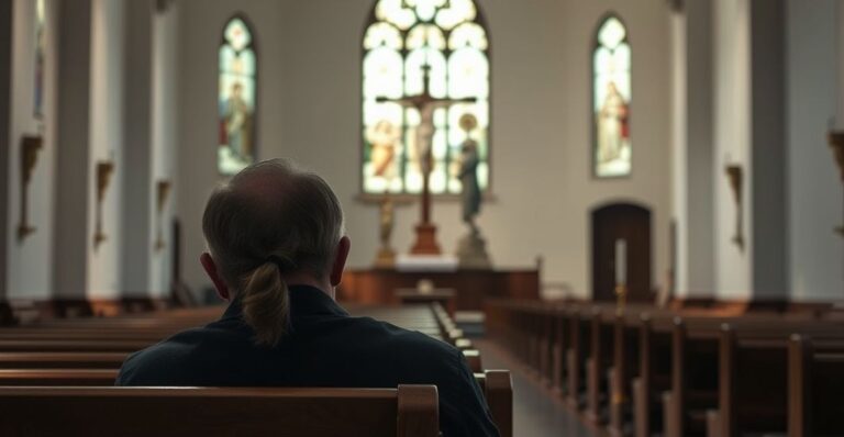 Traditionalny wnętrze kościoła z osobą modlącą się przed krzyżem, symbolizującym cierpienie i nadzieję.