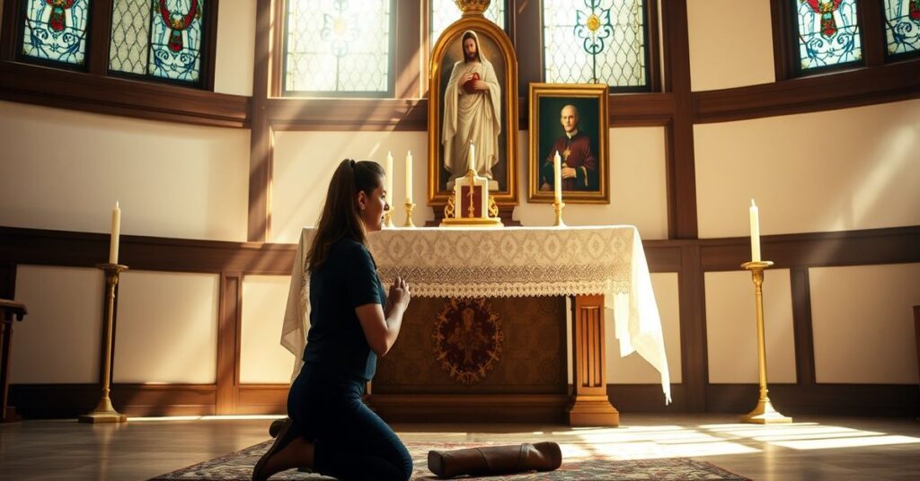 Kobieta modląca się przed tradycyjnym ołtarzem katolickim z rzeźbą Najświętszego Serca Jezusa i portretem Papieża św. Piusa X