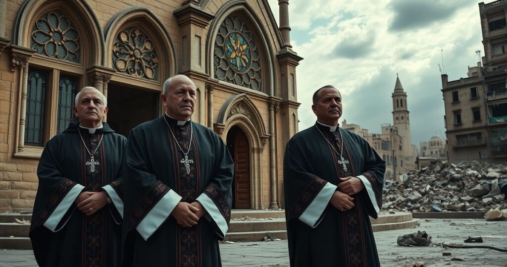 Realistyczne zdjęcie katolickich duchownych w liturgicznych szatach przed zniszczonym kościołem, wyrażających powagę i troskę w obliczu wojny w Gazie