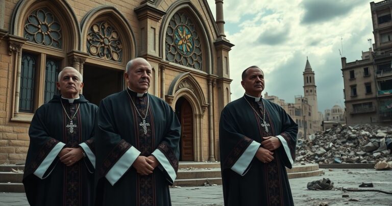 Realistyczne zdjęcie katolickich duchownych w liturgicznych szatach przed zniszczonym kościołem, wyrażających powagę i troskę w obliczu wojny w Gazie