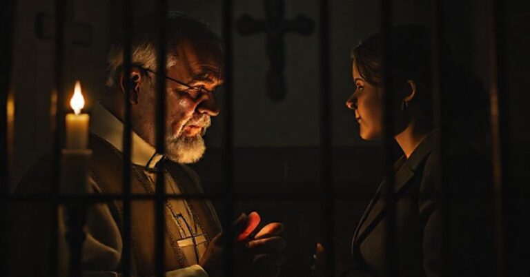 Tradycyjny ksiądz w konfesjonałach słuchający kobiety w smutnej sytuacji