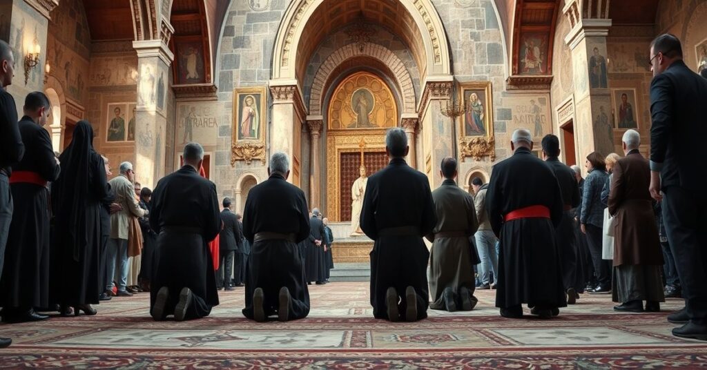 Katoliccy misjonarze modlący się przed cerkwą w Turcji w tradycyjnych habitach, otoczeni lokalnymi ludźmi.