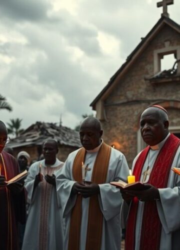 Reverent Catholic Prayer Vigil in Cameroon Amid Tragedy Katoliccy kapłani modlący się na tle zniszczonej świątyni w Kamerunie, ukazując duchowe cierpienie i wiarę w obliczu tragedii