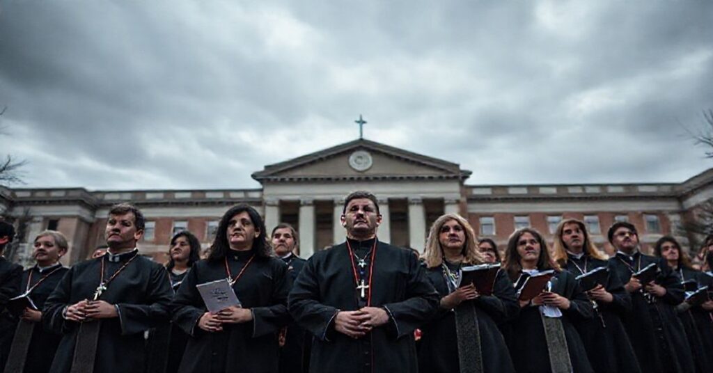 Grupa katolików przed Uniwersytetem Colorado, trzymających różańce i książki religijne.
