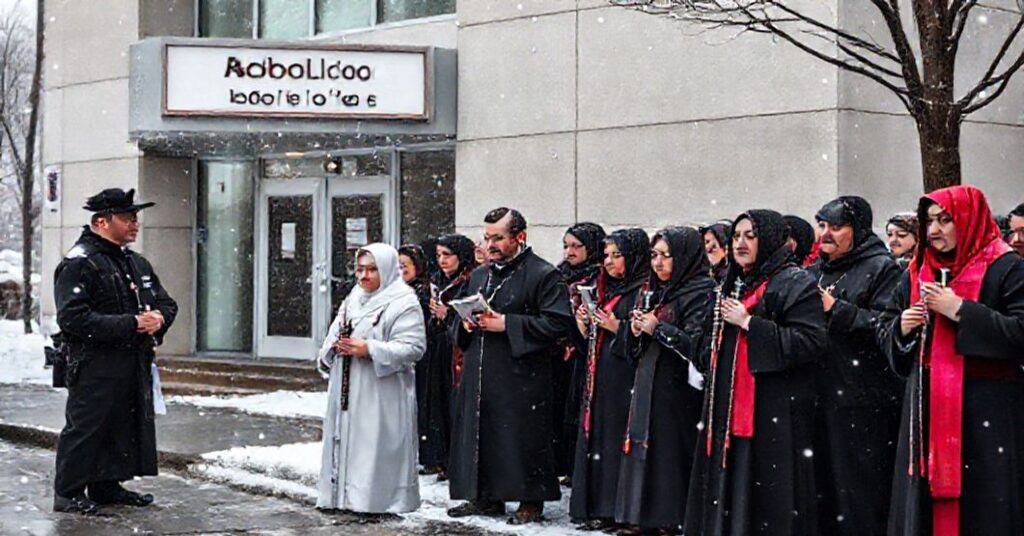 Grupa katolickich protestujących przed kliniką aborcyjną w zimowym krajobrazie