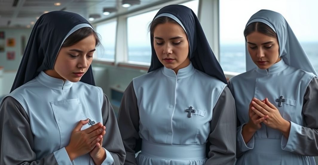 Katoliccy studenci pielęgniarstwa na statku szpitalnym w Madagaskarze Trzej katoliccy studenci pielęgniarstwa na statku szpitalnym, modlący się w duchu pokory i refleksji, ukazujący duchowe zmaganie i powagę misji zgodnie z nauką Kościoła przed 1958 rokiem