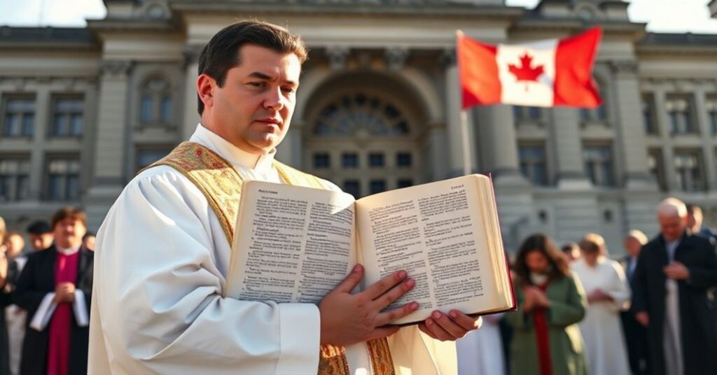 Ksiądz katolicki w tradycyjnych szatach liturgicznych stoi przed kanadyjskim parlamentem z Biblią w ręku. Wokół niego modlący się wierni. Scena symbolizuje konflikt między prawem boskim a zmianami prawnymi.
