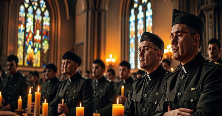 Rekolekcja katolickich żołnierzy modlących się w kościele podczas wojny, refleksja nad moralnością i ofiarami bez Chrystusa