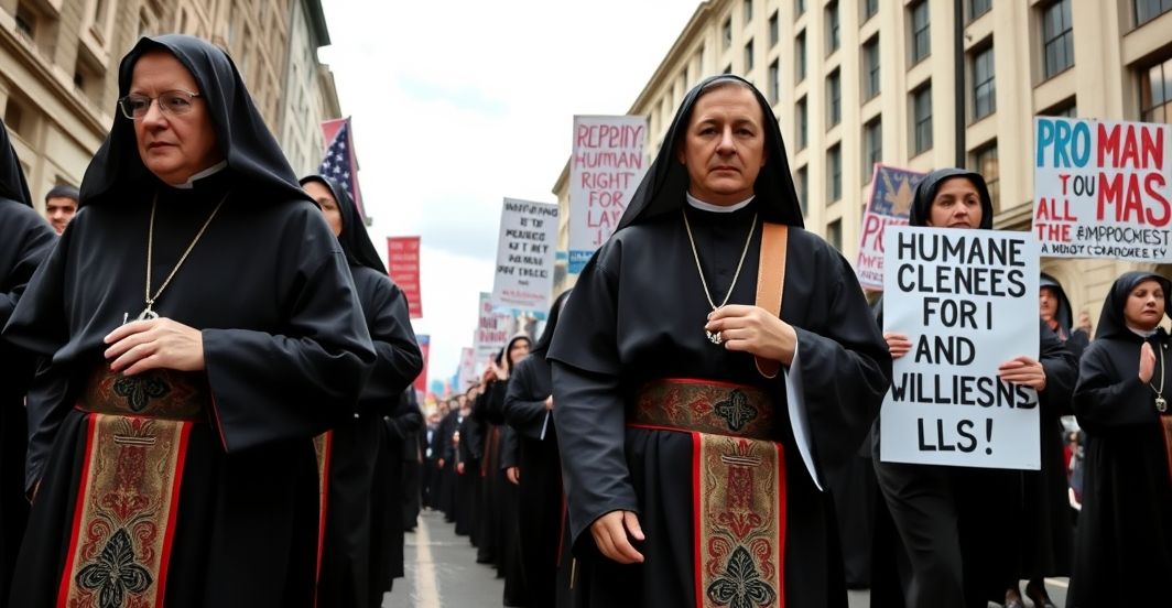 Realistyczne zdjęcie katolickich duchownych w trakcie marszu pro-life, ukazujące duchową dezorientację i kontrowersje związane z uczestnictwem w wydarzeniu z elementami modernistycznymi